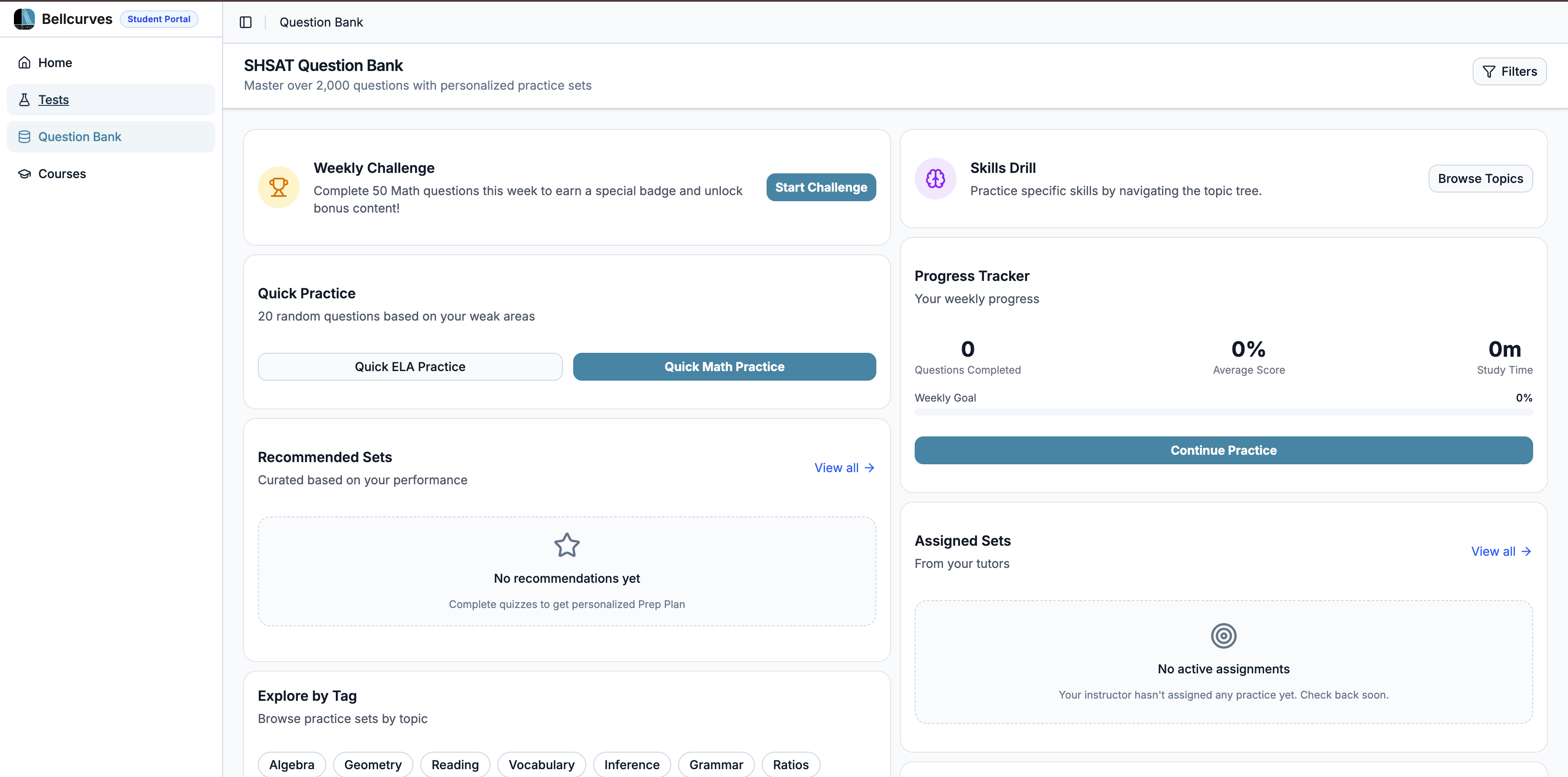 Question Bank student dashboard with Weekly Challenge, Quick Practice, Skills Drill, and a Progress Tracker