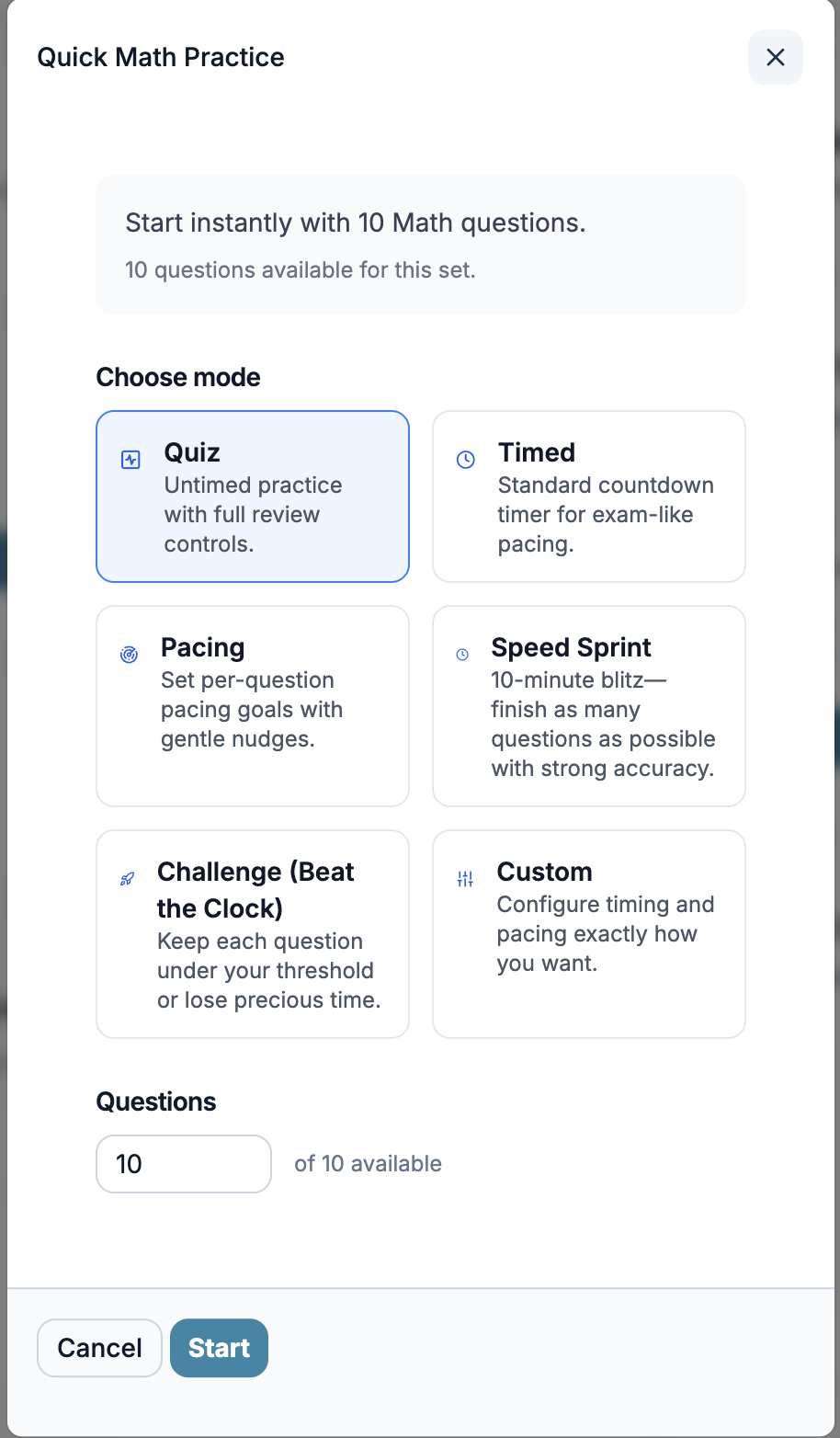 Quick Math Practice dialog showing six practice modes: Quiz, Timed, Pacing, Speed Sprint, Challenge, and Custom