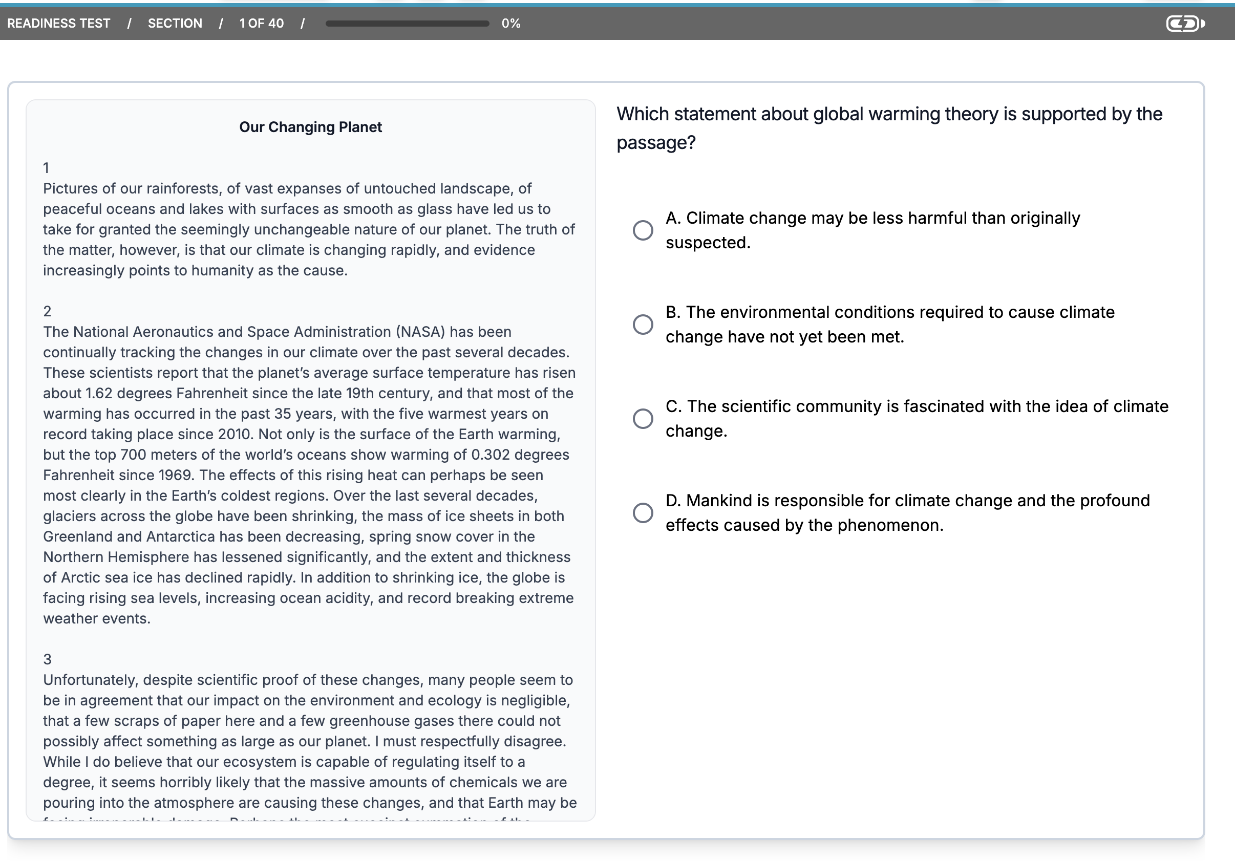 A reading-passage question with four answer choices